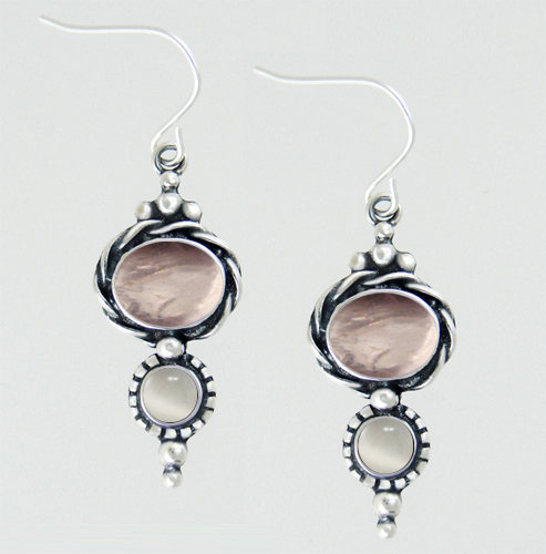 Sterling Silver Drop Dangle Earrings With Rose Quartz And White Moonstone